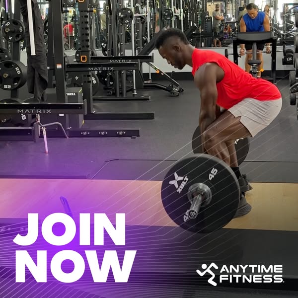 This ad for Anytime Fitness features a muscular man in a gym lifting weights. The ad prompts viewers to join now.