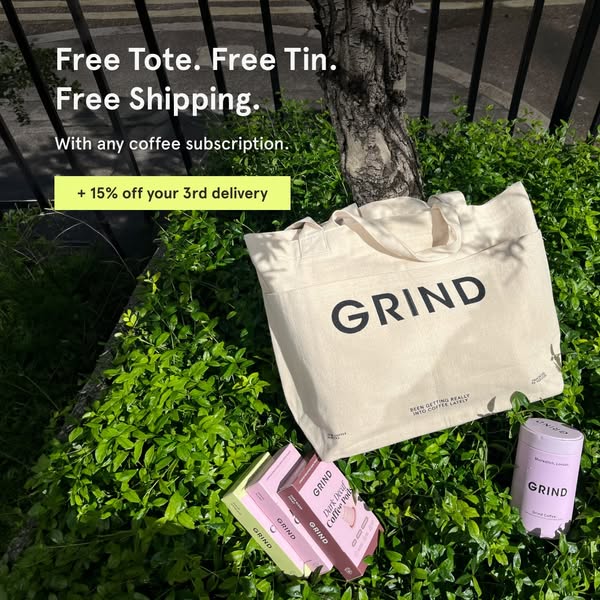 This ad promotes a coffee subscription by showcasing freebies like a tote bag and tin with any subscription. It also pro