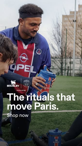 This ad features a Stanley water bottle in collaboration with Paris Saint-Germain. It depicts an athlete on a soccer fie