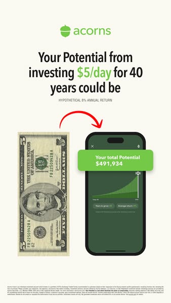 This ad promotes Acorns, an investment app, by illustrating the potential growth of investing $5 per day over 40 years, 