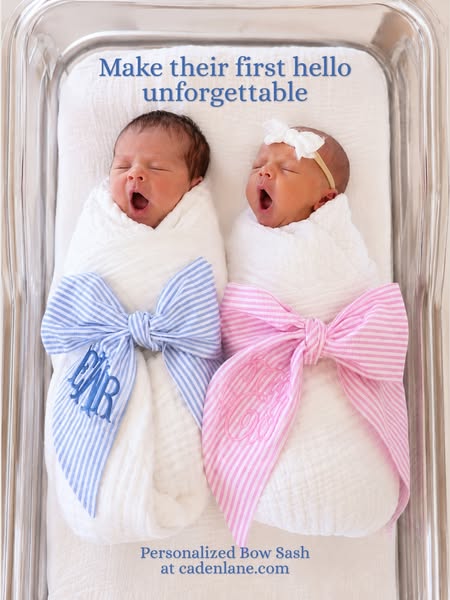 This image ad showcases personalized bow sashes from Caden Lane, designed to make a baby's first introduction unforg
