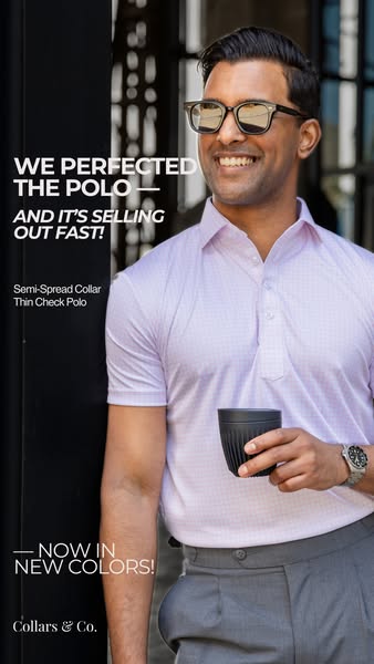 This image ad for Collars & Co. promotes a polo shirt, specifically highlighting its semi-spread collar and thin che