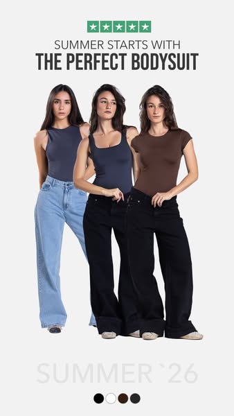 This ad features a product display of a bodysuit. Three models are shown, each wearing a bodysuit and jeans. The ad cont