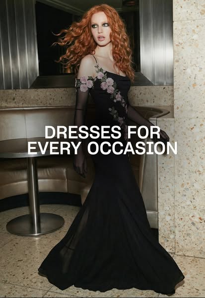 This ad features a woman modeling a long black formal dress. The headline states, 'Dresses for every occasion.'