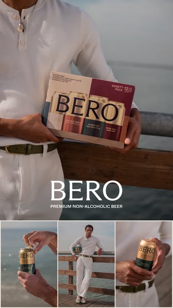 This ad showcases BERO non-alcoholic beer in a lifestyle setting. The ad features an individual holding a 12-pack variet