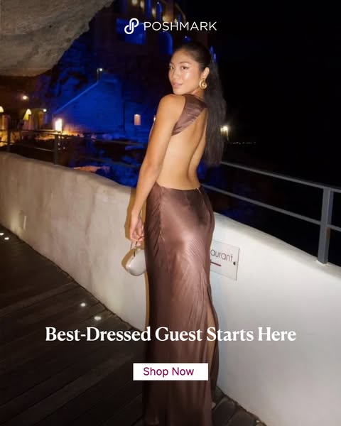 This Poshmark ad features a woman in a long formal gown with the text, "Best-Dressed Guest Starts Here", promo