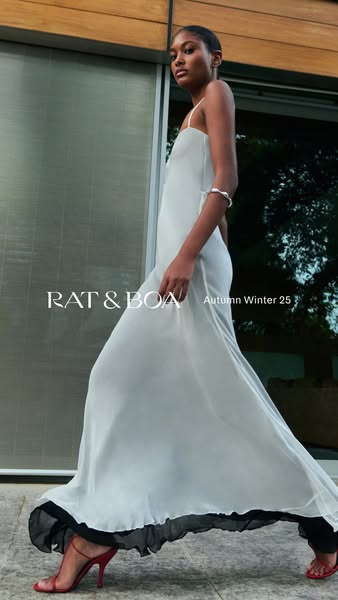 This ad showcases a white dress from Rat & Boa's Autumn Winter 25 collection. The ad features a model wearing th