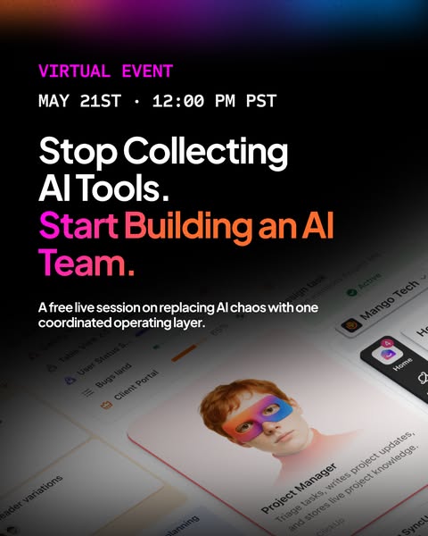 This ad is promoting a virtual event with Mango Tech. It uses a headline that encourages viewers to start building an AI