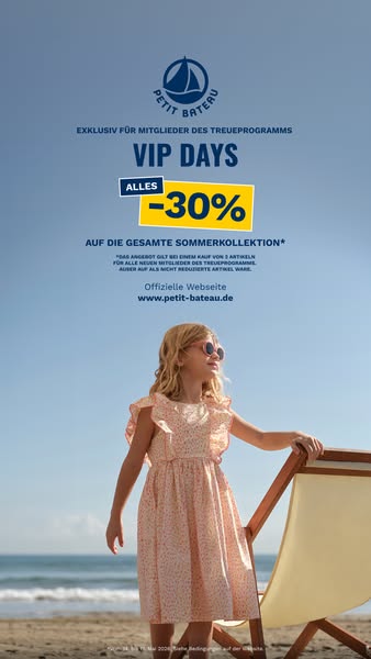 This ad for Petit Bateau promotes a summer sale exclusively for loyalty program members, featuring a young girl in a dre