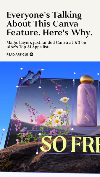 This ad for Canva promotes its Magic Layers feature by highlighting its ranking on an AI apps list. The visual depicts a