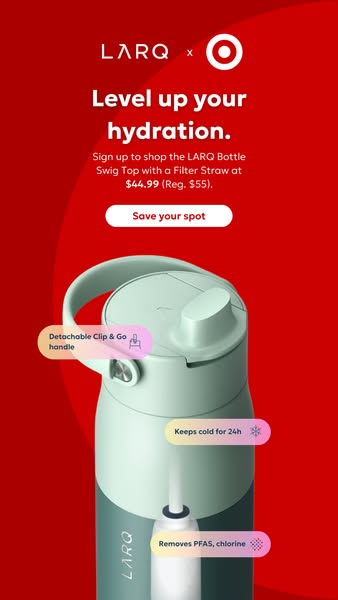 This image ad promotes the LARQ Bottle Swig Top with a Filter Straw at Target. It features an offer of $44.99 (originall