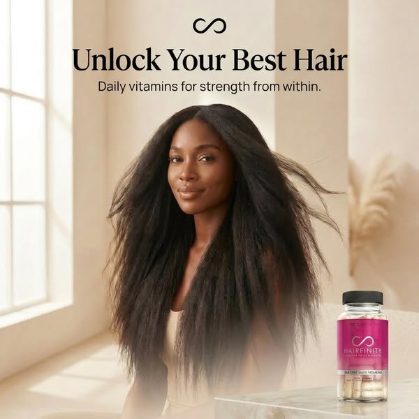 An image ad for Hairfinity hair vitamins, presented with a warm, natural aesthetic. It emphasizes achieving your best ha