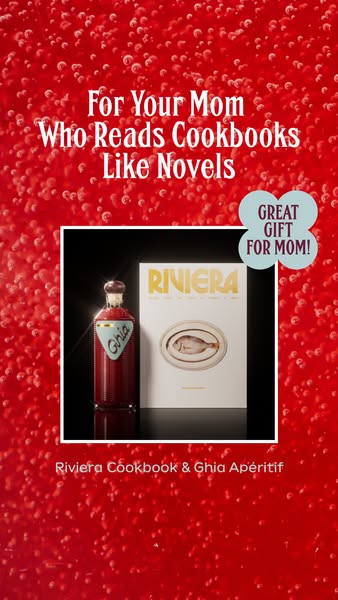 This ad showcases a Ghia Apéritif bottle with the Riviera Cookbook. It has a headline and a badge saying the products ar
