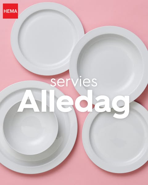 An overhead product shot featuring HEMA Alledag plates and bowls in white.