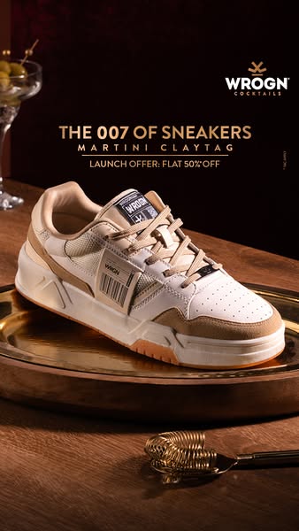 This image ad showcases the WROGN brand sneaker, Martini Claytag. The ad's tagline is "The 007 of Sneakers,&quo