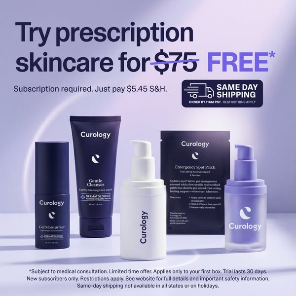 The ad promotes a free trial for prescription skincare from Curology, highlighting the convenience and cost-effectivenes