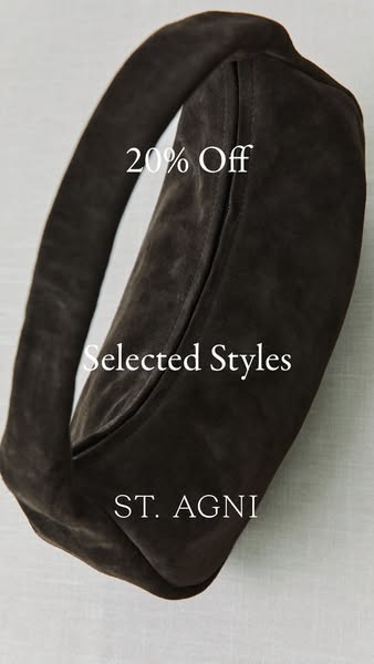 An image ad features a ST. AGNI bag with a 20% off promotion on selected styles.