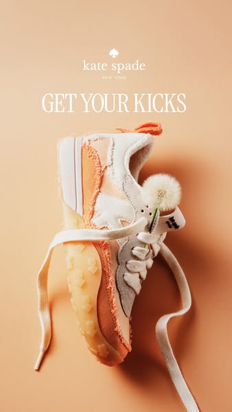 This ad features a single high-fashion sneaker by Kate Spade. The sneaker is suspended against a peach background. The a