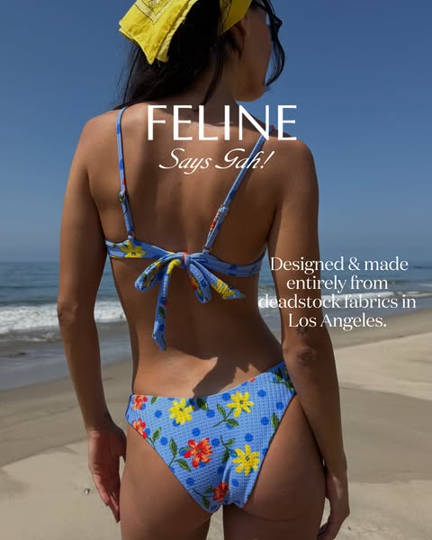 This image ad promotes the brand FELINE Says Gah! swimwear, which is designed and made entirely from deadstock fabrics i