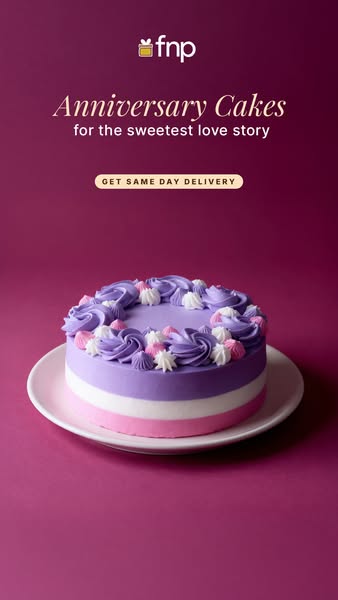 This ad for fnp promotes anniversary cakes with same-day delivery. The image features a three-layer cake with purple, wh