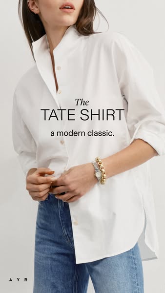 This ad showcases a woman wearing a white button-down shirt and advertises the shirt.
