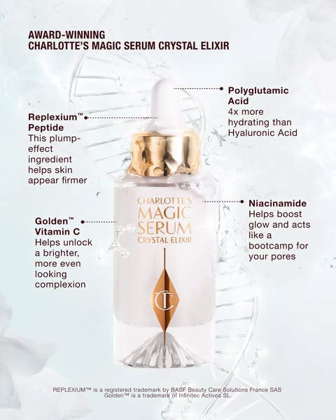 This ad showcases Charlotte Tilbury's Magic Serum Crystal Elixir, highlighting its award-winning status and key ingr