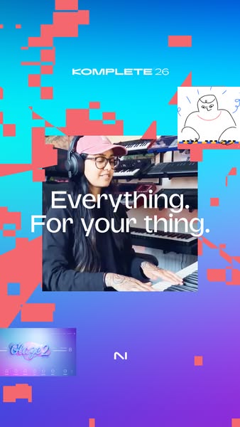 This ad promotes Komplete 26, a digital audio workstation (DAW) software, by featuring a musician playing keyboard. The 