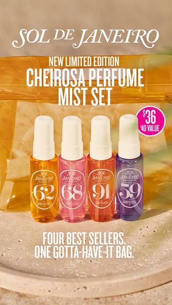 This ad promotes a limited edition Sol de Janeiro perfume mist set. It highlights the collection of four best-selling sc