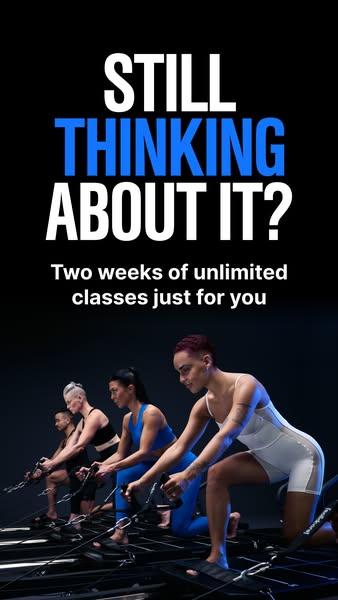 This image ad is for a fitness studio and features a group of people doing pilates on reformer machines. The ad asks the