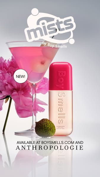 This ad showcases Boy Smells Lychiberious Mists fragrance alongside a cocktail and lychee fruit, emphasizing the product