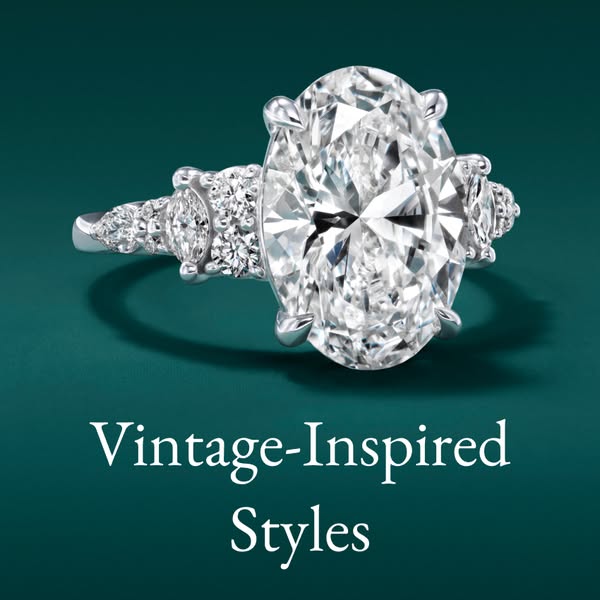 This ad showcases an oval-shaped diamond ring with smaller stones set in a silver band against a teal background, advert