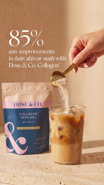This ad for Dose & Co. collagen peptides features a statistic about improvements to hair, skin, and nails. The ad sh