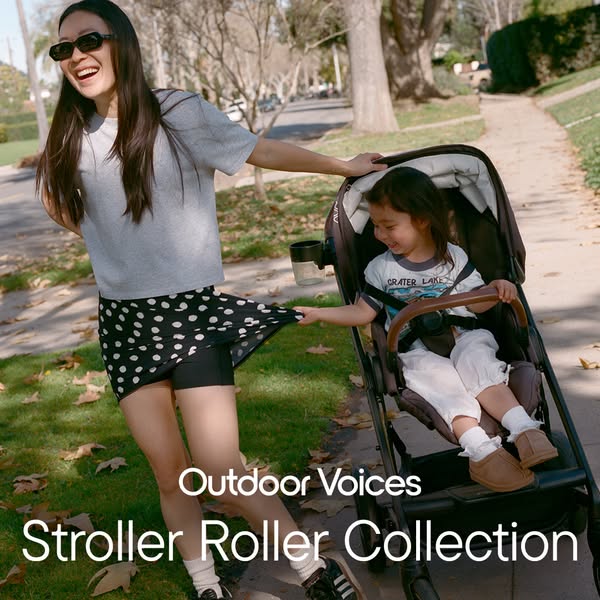 This image ad showcases a mother and child enjoying an outdoor stroll, subtly highlighting the Outdoor Voices activewear