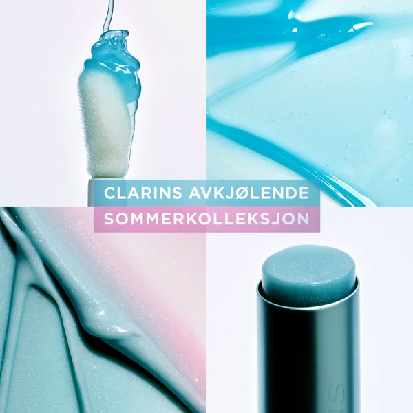 The ad showcases the Clarins summer collection, focusing on cooling and refreshing aspects, with close-up visuals of the
