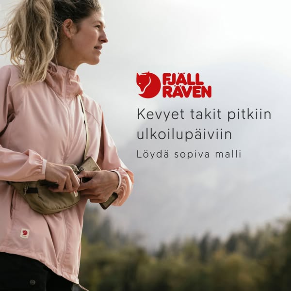 This ad promotes Fjallraven's light jackets for outdoor activities. A model is shown in a light pink jacket with the