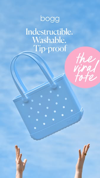 This image ad showcases a light blue Bogg Bag tote against a blue sky background. The ad highlights the bag's key fe