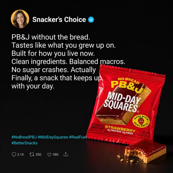 This image ad for No Bread PB&J Mid-Day Squares promotes the product as a modern take on a classic snack, emphasizin
