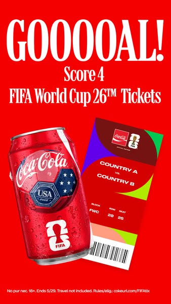 This image ad promotes a giveaway for tickets to the FIFA World Cup 26™ when you purchase Coca-Cola products. The ad fea