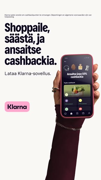 This image ad highlights the Klarna app, focusing on its cashback features. The ad shows a person holding a phone displa