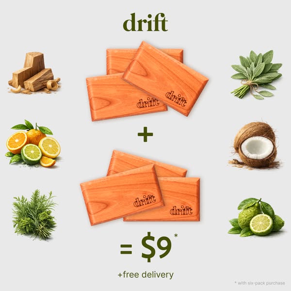 This image ad for Drift features a flatlay-style product display with the brand name, multiple wooden scent blocks, and 