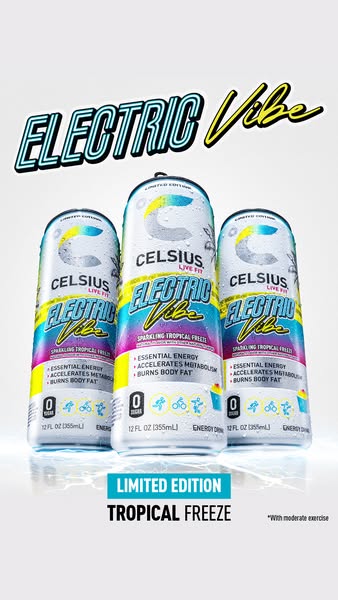 This ad showcases three cans of the Celsius "Electric Vibe" flavor. The ad calls out the limited edition Tropi