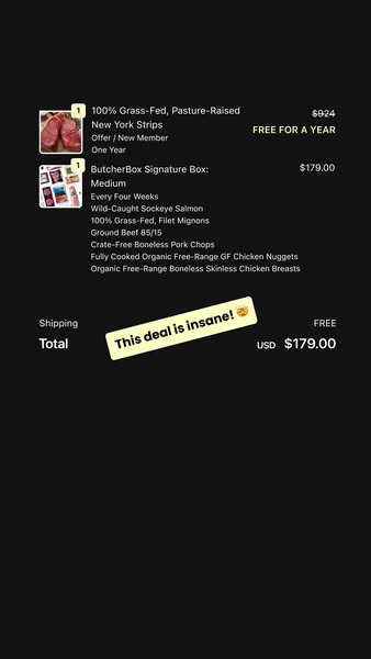 Screenshot of a ButcherBox order summary showing discounted pricing. The order includes a free offer for new members and