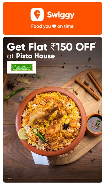 This ad for Swiggy features Pista House, advertising a flat discount of ₹150 on food delivery orders.