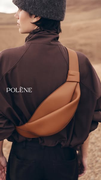 This image ad features a woman wearing a Polène bag. The ad highlights the brand name and product, creating a sense of s