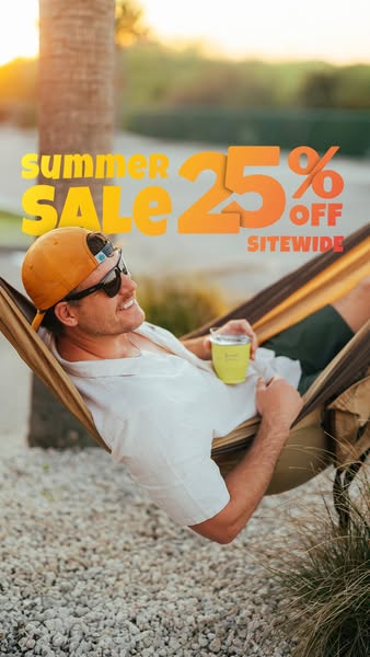 This image ad features a man relaxing in a hammock while holding a green cup. The ad highlights a summer sale offering 2