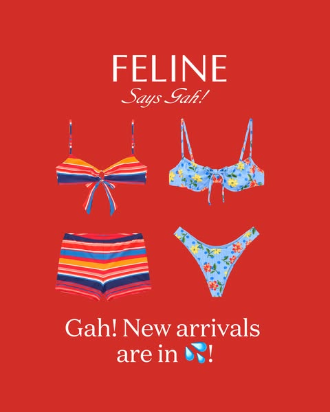 This is a simple, product-focused image ad that showcases new swimsuit arrivals for the brand "Gah!". The ad u