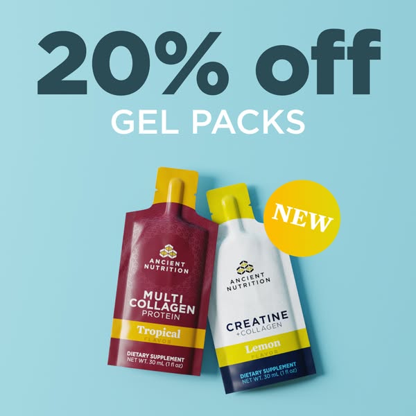 This image ad features two gel packs from Ancient Nutrition, highlighting a 20% off promotion. The ad showcases the Mult