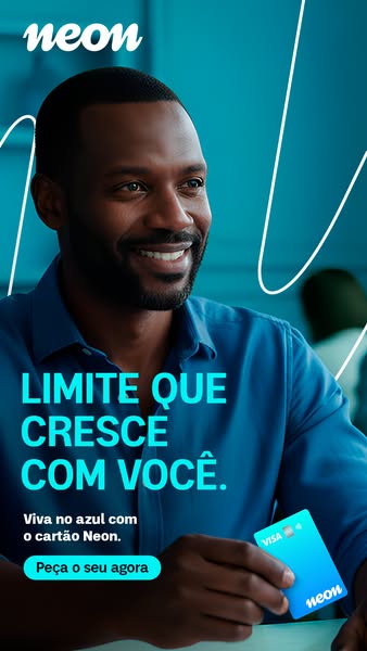 This ad for Neon features a portrait of a smiling man holding a Neon Visa card and promotes the card's adaptable cre