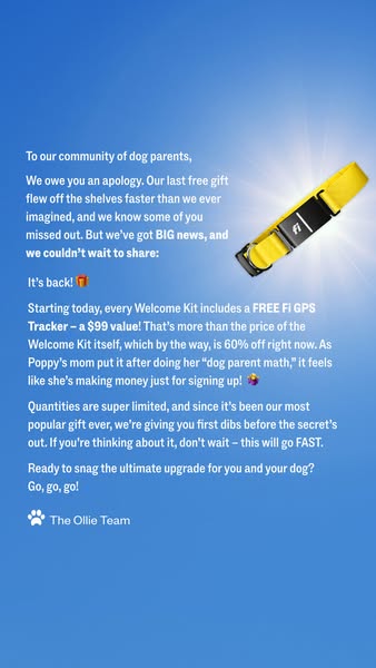 This Ollie ad is apologizing to their customers because a previous gift they offered ran out faster than they had antici