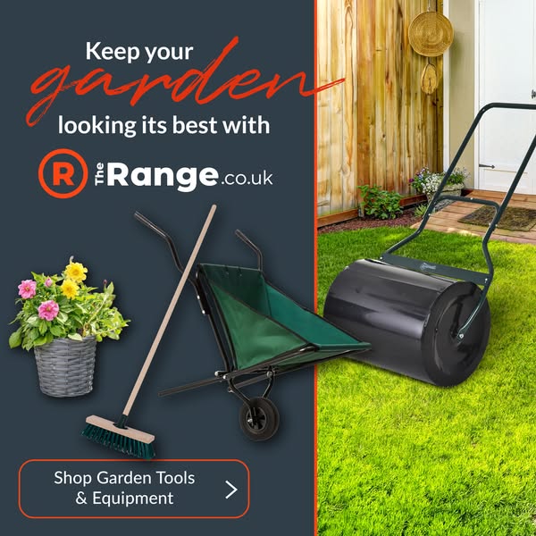 The ad showcases gardening tools and equipment from The Range. It emphasizes the benefit of maintaining a beautiful gard